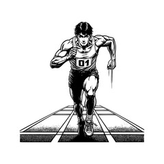 man athlete running to the finish line on race competition vector art black outline illustration