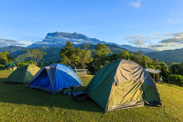 Camping point at morning with mount Kinabalu at far background.