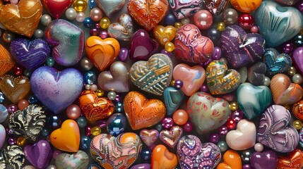 Fototapeta na wymiar A Heartfelt Mosaic: Colorful Heart-shaped Objects and Beads
