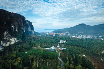 Aerial view of the city and mountains of Ao Nang, Krabi.