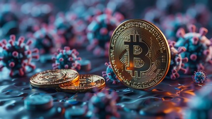 Emerging Viruses live among digital assets and cryptocurrencies, comparing the unpredictable nature of viral mutations with the volatile digital currency market - obrazy, fototapety, plakaty