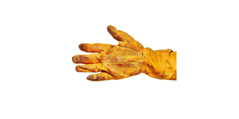 A hand wearing a yellow leather work glove on a white background