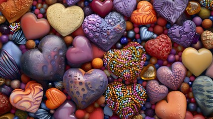 Radiant Love: Heart-shaped Objects and Beads in Various Hues - obrazy, fototapety, plakaty