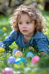 Fototapeta premium A child sits on the grass with many spring flowers and collects colorful Easter eggs in a basket. A small child celebrates Easter outdoors in a park or forest.