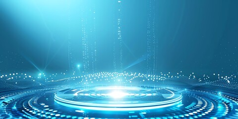 A light blue circular podium with a digital data visualization background, featuring elements of technology and innovation. The design includes futuristic graphics