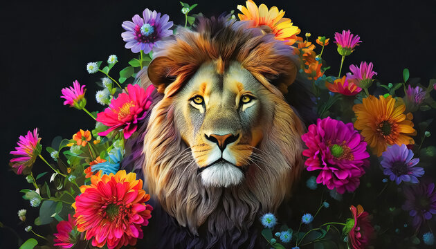 A majestic lion surrounded by flowers on black background, symbol of strength and courage