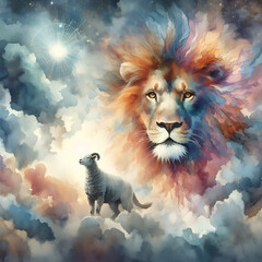  Jesus, the lion, the lamb of God. Digital watercolor painting