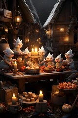 Christmas nativity scene with candles in the old town. 3d rendering