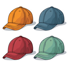 selection of colorful baseball caps, each with a slightly different design and brim curvature