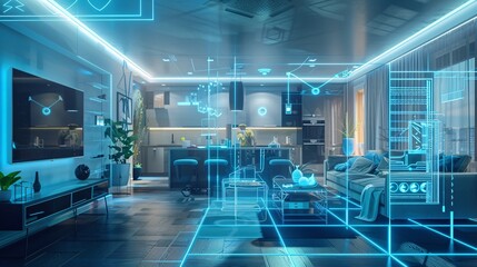 a cybernetic vision of home automation with smart appliances, interconnected grid layout, and holographic style presentation