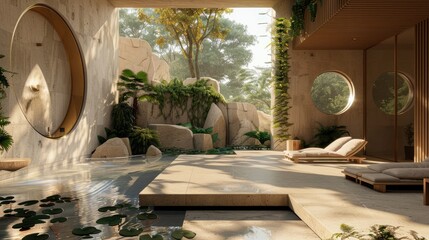 an image that incorporates the spa's logo into a seamless integration with a peaceful outdoor scene, creating a cohesive visual representation of beauty, spa, and wellness.  