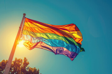 A vibrant rainbow flag waving in the wind
