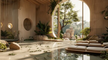 an image that incorporates the spa's logo into a seamless integration with a peaceful outdoor scene, creating a cohesive visual representation of beauty, spa, and wellness. 