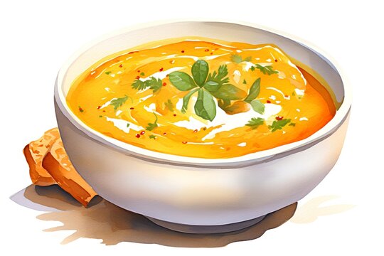 Pumpkin soup with cream and herbs in a bowl. Watercolor illustration