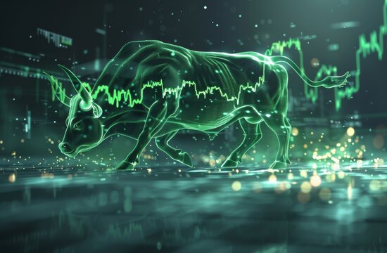 A green bull charging forward, with stock market