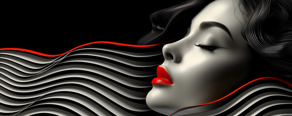 A monochrome painting showcasing a womans face with striking red lipstick