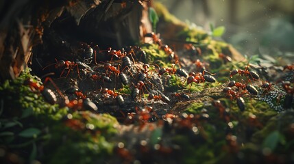 A colony of ants working tirelessly to build intricate tunnels in the forest floor, their teamwork astounding