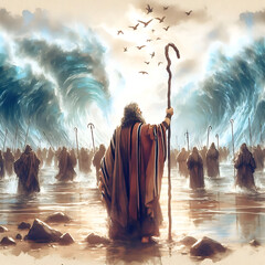 Cinematic realist portrayal of Moses, standing firm with his staff raised, as the Red Sea parts miraculously