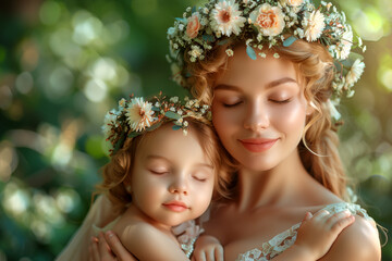 Woman holding girl with flower crown, both smiling in nature