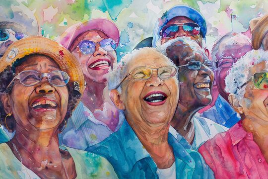 A vibrant watercolor mural depicts a diverse group of people, exuding joy and optimism through soft-focused portraits, celebrating love, friendship, and multicultural unity in a contemporary style.