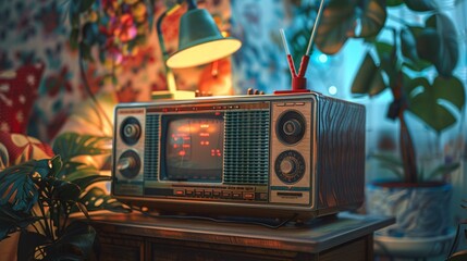  a vintage 90's concept, a retro radio set against a nostalgic background