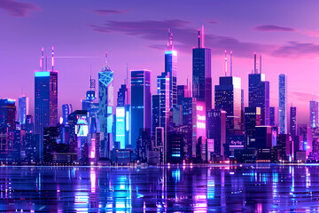 Cityscape with tower blocks, purple neon lights reflected in water at night