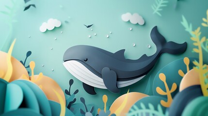 Naklejka premium A cute whale, layered paper style, paper folding art, A gorgeously rendered papercraft world, graphic design,