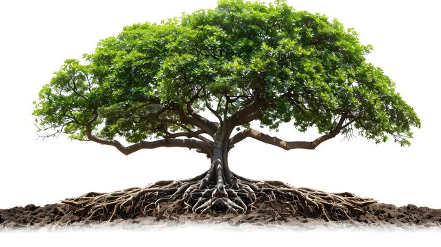 Big tree with roots and leaves isolated on white background