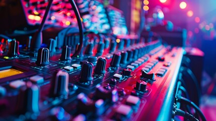 With a soft and out of focus background the intricate setup of sound and lighting equipment in the event space serves as a reminder of the complex and essential role technology plays . - obrazy, fototapety, plakaty