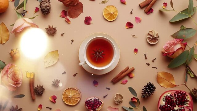 autumn flat lay composition cup of tea. seamless looping overlay 4k virtual video animation background