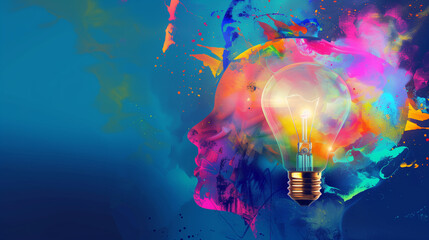 A colorful head with a light bulb in the middle. The light bulb is glowing and surrounded by a rainbow of colors. Concept of creativity and inspiration