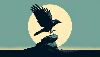 A silhouetted raven with its wings spread wide as it prepares to take off from a rocky outcrop