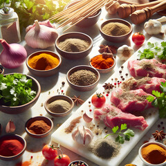 Traditional Qatari Kebab Preparation with Spices on Marble