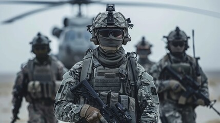 Obraz premium A group of soldiers stand in formation, with one of them holding a rifle