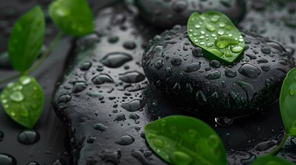 Rain falls on black stones