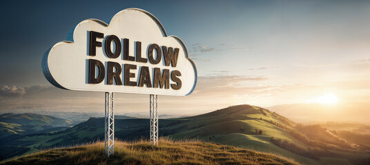 On a green grass sunrise hill is a cloud shaped sign board with the words 'follow dreams' - Visual metaphor for never giving up, always endure, pursue your goals. - obrazy, fototapety, plakaty