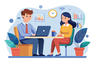 Job interview concept man answers-womans question