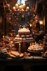 Beautiful wedding cake with candles in the old town of Bruges, Belgium