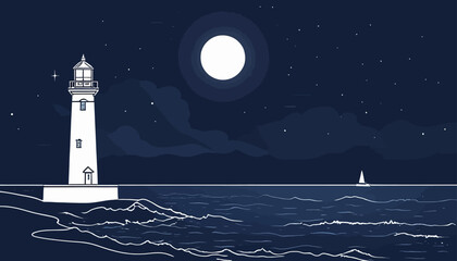 Graphic Design of a Lighthouse on the Coast, A Beacon in the Night