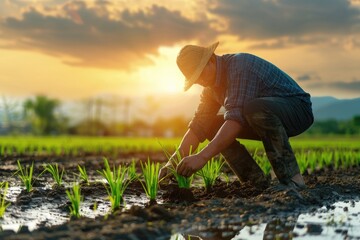 An image capturing the timeless practice of a farmer carefully planting rice seedlings in the paddy fields during a warm sunset.