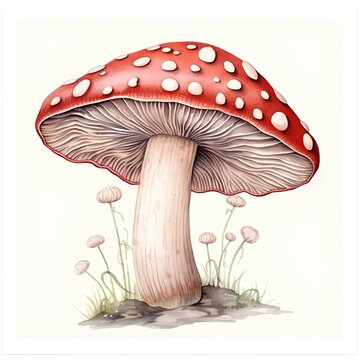 Red fly agaric mushroom isolated on white background. Watercolor hand drawn illustration