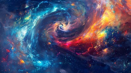 Swirling galaxies of vibrant colors merging and colliding in a cosmic dance of abstraction. - obrazy, fototapety, plakaty