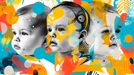 an illustration featuring a collage of baby faces adorned with a variety of vibrant and trendy elements, creating a captivating puzzle-like composition.