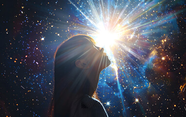 Guiding Light: Girl Gazing at Bright North Star,spiritual mindfulness consciousness