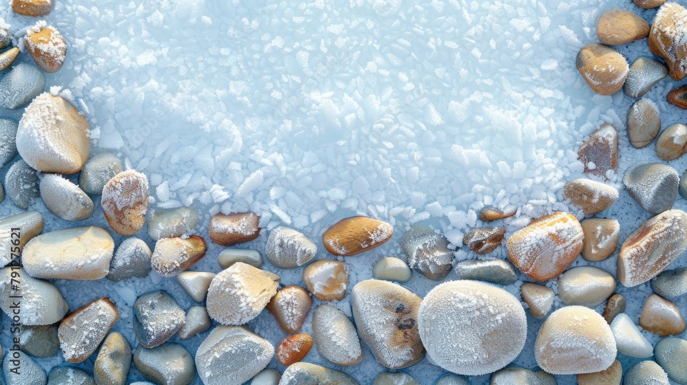 Poster abstract background with small stones covered in snow and ice providing texture and a frame for text