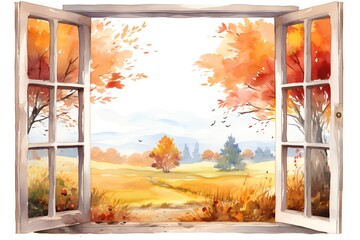 Autumn landscape with open window. Watercolor hand drawn illustration.