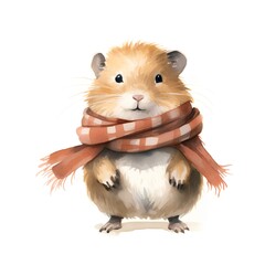 Cute hamster in a scarf. Watercolor hand drawn illustration