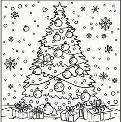 Coloring page of a decorated Christmas tree. black and white illustration isolated on white background.