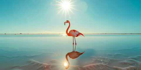 Bird - Greater Flamingos (Phoenicopterus ruber) outdoors - obrazy, fototapety, plakaty