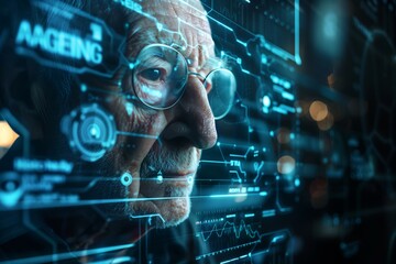 Elderly man  an AI interface displaying  data points about him such as his age representing advanced technology used for maintaining a young appearance through  AI science or medicine